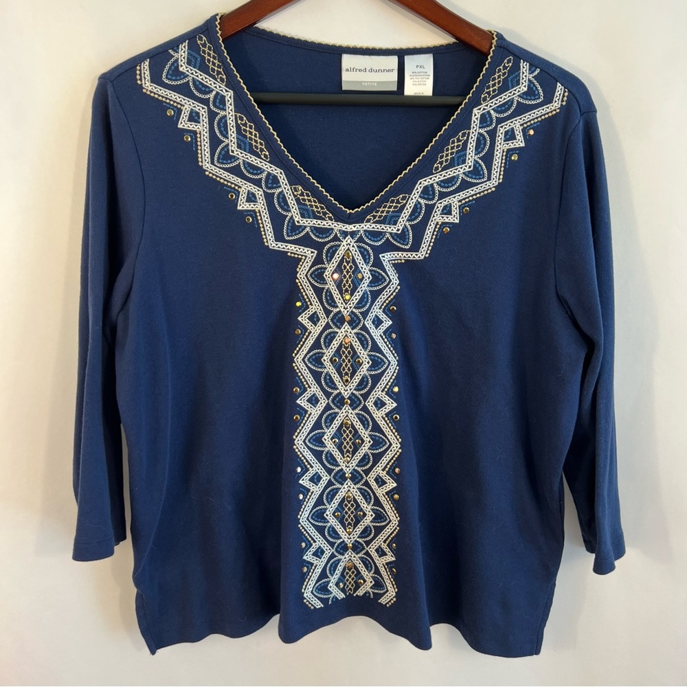 Alfred Dunner Navy Top 3/4 Sleeve Beads Floral Embroidered Blouse Petite PXL